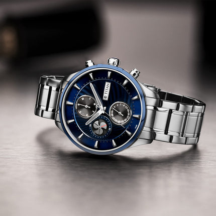 Titan Regalia Maritime Blue Dial Quartz Multifunction Stainless Steel Strap Watch for Men-NS1873KM02/NT1873KM02 