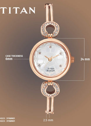 Titan Stainless Steel Raga Analog Silver Dial Women's Watch Nm311Wm01/Nn311Wm01/Np311Wm01, Band Color:Rose Gold 