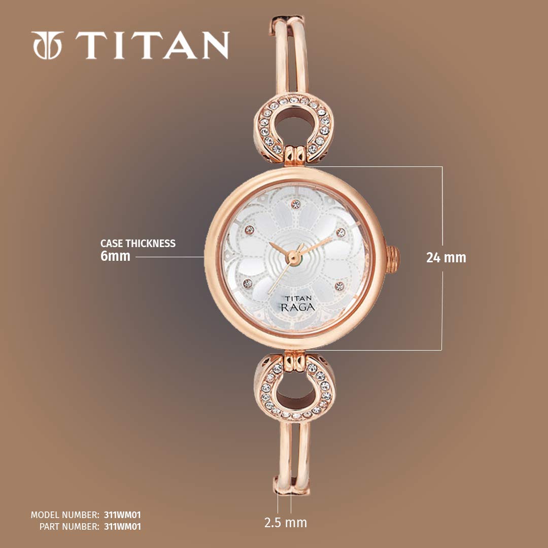 Titan Stainless Steel Raga Analog Silver Dial Women's Watch Nm311Wm01/Nn311Wm01/Np311Wm01, Band Color:Rose Gold 