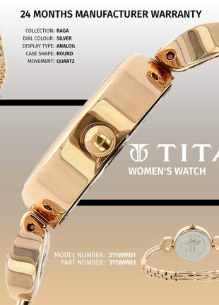 Titan Stainless Steel Raga Analog Silver Dial Women's Watch Nm311Wm01/Nn311Wm01/Np311Wm01, Band Color:Rose Gold 