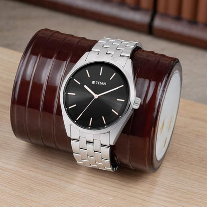 Titan Workwear Quartz Analog Black Dial Silver Stainless Steel Strap Watch for Men - NT1866SM01 