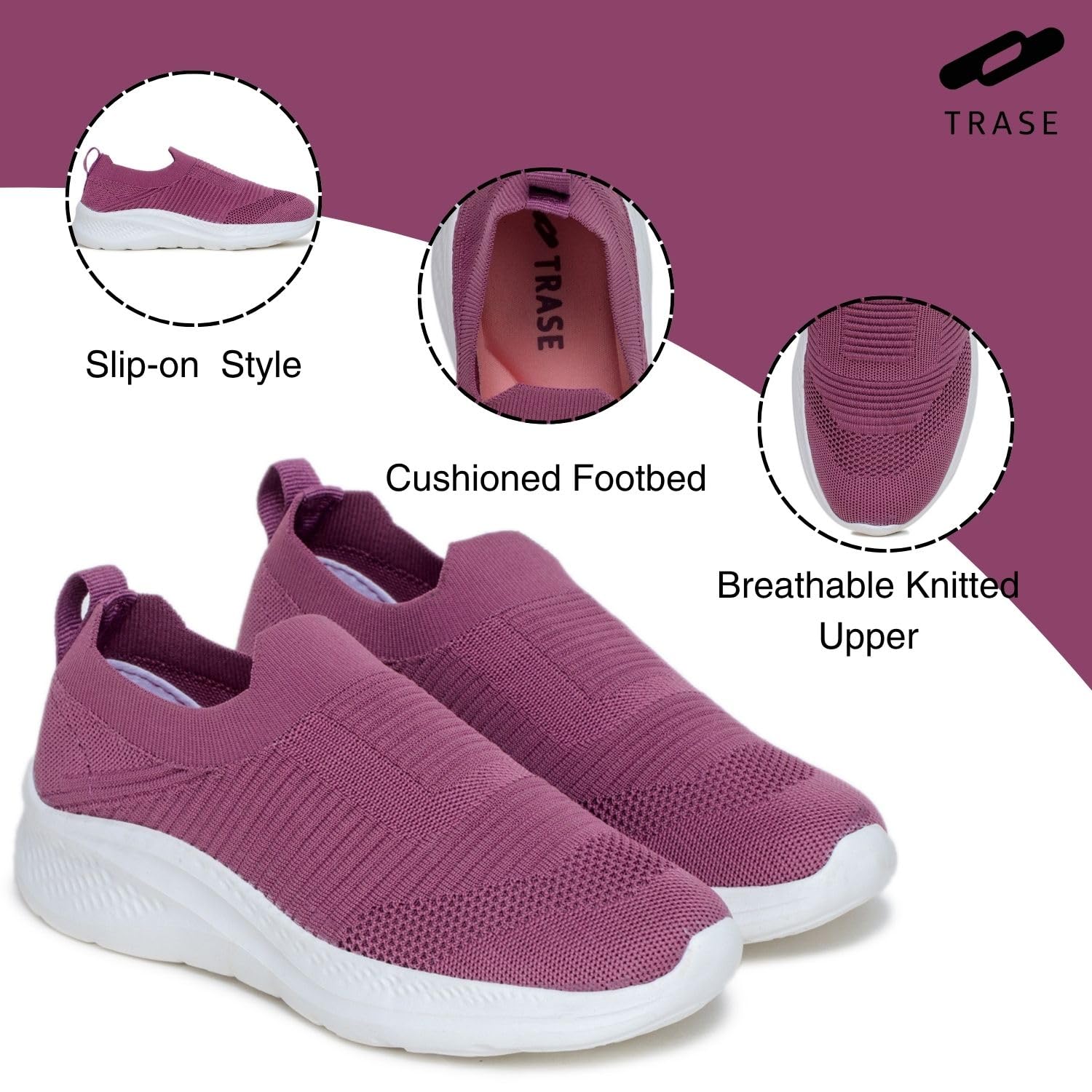 Trase Womens Slip On Shoes Pink Lightweight Breathable Knit Upper For Walking 