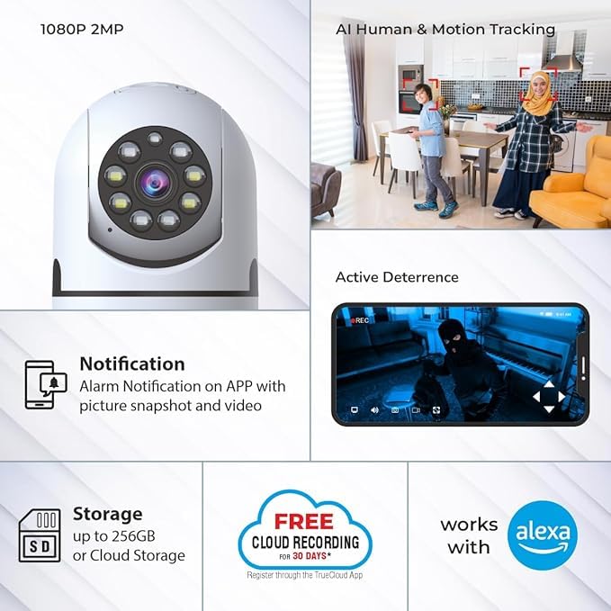 Trueview 2MP Smart CCTV Wi-fi Home Security Camera with Pan Tilt 360� View, 2 Way Talk, Cloud Monitor, Motion Detect, Supports SD Card Up to 256 GB, Night Vision (2MP Color Night Vision Smart Camera) 