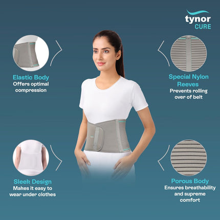 Tynor Abdominal Support 9"/23cm - Lower Back Support Belt Brace for Men & Women | Breathable, Pain Relief & Recovery, Pack of 1 (Grey, Large) 