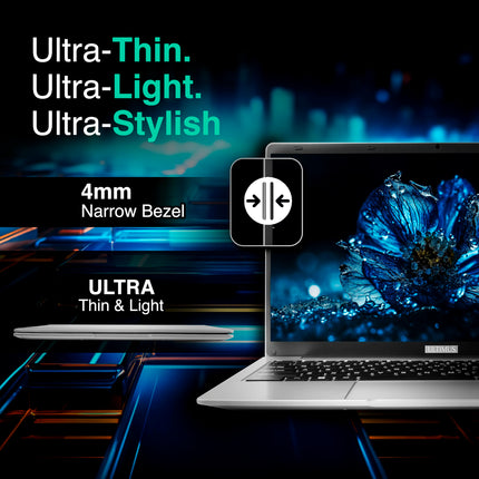 ULTIMUS APEX Laptop Intel Celeron Dual Core 8 GB LPDDR4 512 GB SSD Expandable~1TB 14.1 FHD IPS Laptop Anti-Glare Ultra Thin Bezel 180° Hinge 3.0x3 USB HDMI SD Card Slot Win 11 Home 1.25KG Silver 