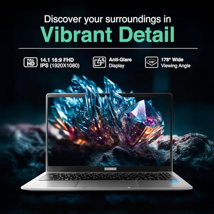 ULTIMUS APEX Laptop Intel Celeron Dual Core 8 GB LPDDR4 512 GB SSD Expandable~1TB 14.1 FHD IPS Laptop Anti-Glare Ultra Thin Bezel 180° Hinge 3.0x3 USB HDMI SD Card Slot Win 11 Home 1.25KG Silver 