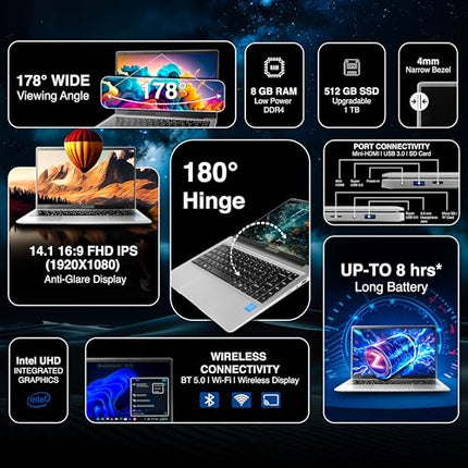 ULTIMUS APEX Laptop Intel Celeron Dual Core 8 GB LPDDR4 512 GB SSD Expandable~1TB 14.1 FHD IPS Laptop Anti-Glare Ultra Thin Bezel 180° Hinge 3.0x3 USB HDMI SD Card Slot Win 11 Home 1.25KG Silver 