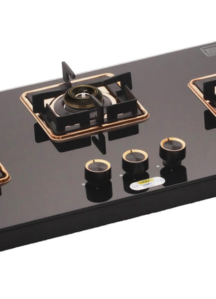 URBAN CHEF 3 Burner Gas Stove Glass Top Auto Ignition | 2 Year Warranty, ISI Certified | Stove 3 Burner, Gas Stove 3 Burners, Hob Top, Easy Grip Knobs, 7mm Thick Toughened Glass (Hob Top - Rose Gold) 