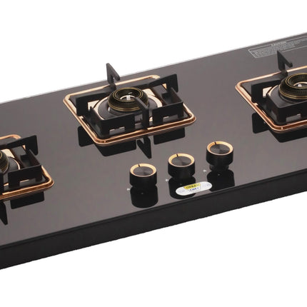 URBAN CHEF 3 Burner Gas Stove Glass Top Auto Ignition | 2 Year Warranty, ISI Certified | Stove 3 Burner, Gas Stove 3 Burners, Hob Top, Easy Grip Knobs, 7mm Thick Toughened Glass (Hob Top - Rose Gold) 