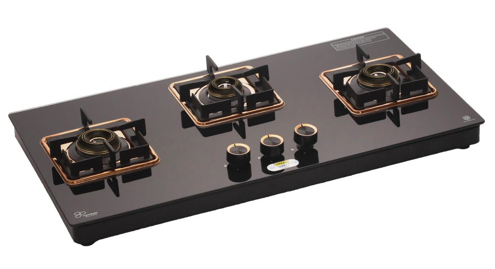 URBAN CHEF 3 Burner Gas Stove Glass Top Auto Ignition | 2 Year Warranty, ISI Certified | Stove 3 Burner, Gas Stove 3 Burners, Hob Top, Easy Grip Knobs, 7mm Thick Toughened Glass (Hob Top - Rose Gold)