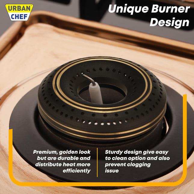 URBAN CHEF 3 Burner Gas Stove Glass Top Auto Ignition | 2 Year Warranty, ISI Certified | Stove 3 Burner, Gas Stove 3 Burners, Hob Top, Easy Grip Knobs, 7mm Thick Toughened Glass (Hob Top - Rose Gold) 