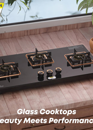 URBAN CHEF 3 Burner Gas Stove Glass Top Auto Ignition | 2 Year Warranty, ISI Certified | Stove 3 Burner, Gas Stove 3 Burners, Hob Top, Easy Grip Knobs, 7mm Thick Toughened Glass (Hob Top - Rose Gold) 