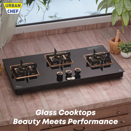 URBAN CHEF 3 Burner Gas Stove Glass Top Auto Ignition | 2 Year Warranty, ISI Certified | Stove 3 Burner, Gas Stove 3 Burners, Hob Top, Easy Grip Knobs, 7mm Thick Toughened Glass (Hob Top - Rose Gold) 