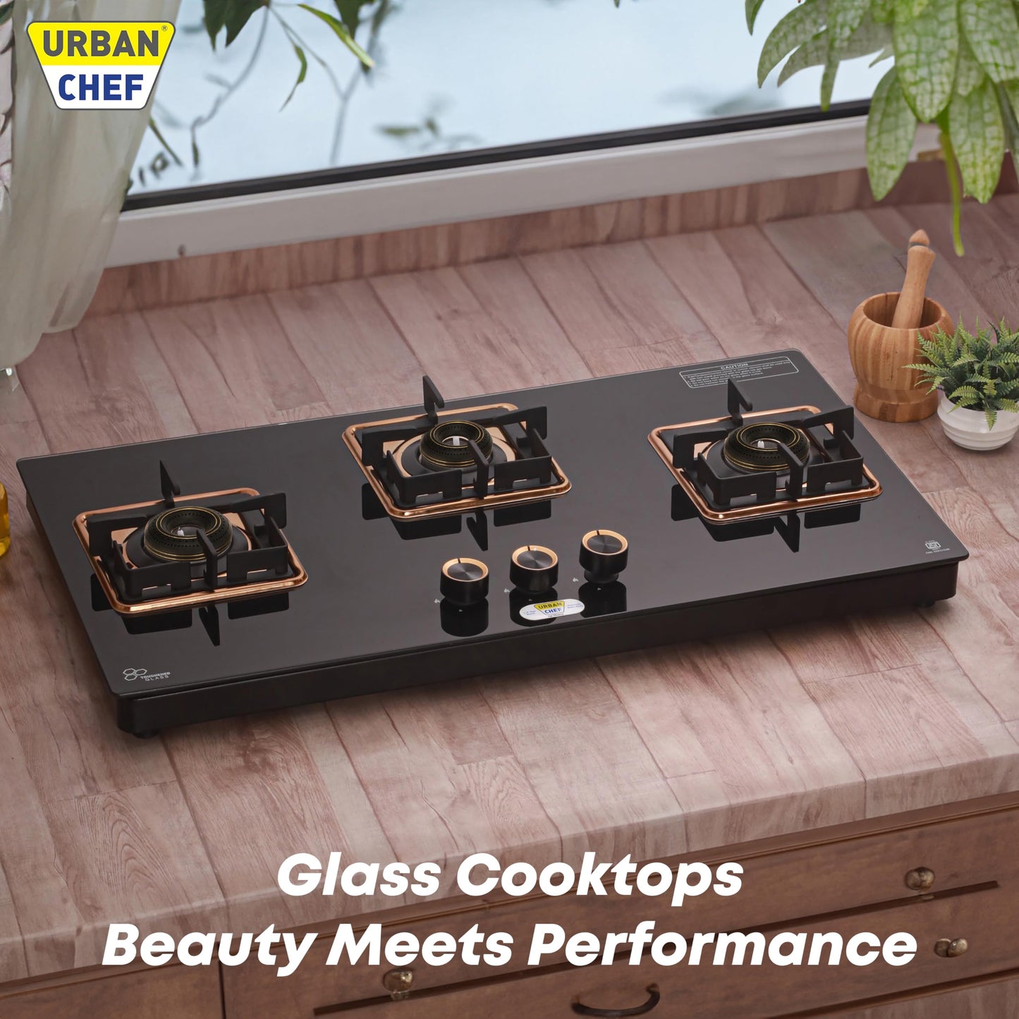 URBAN CHEF 3 Burner Gas Stove Glass Top Auto Ignition | 2 Year Warranty, ISI Certified | Stove 3 Burner, Gas Stove 3 Burners, Hob Top, Easy Grip Knobs, 7mm Thick Toughened Glass (Hob Top - Rose Gold) 