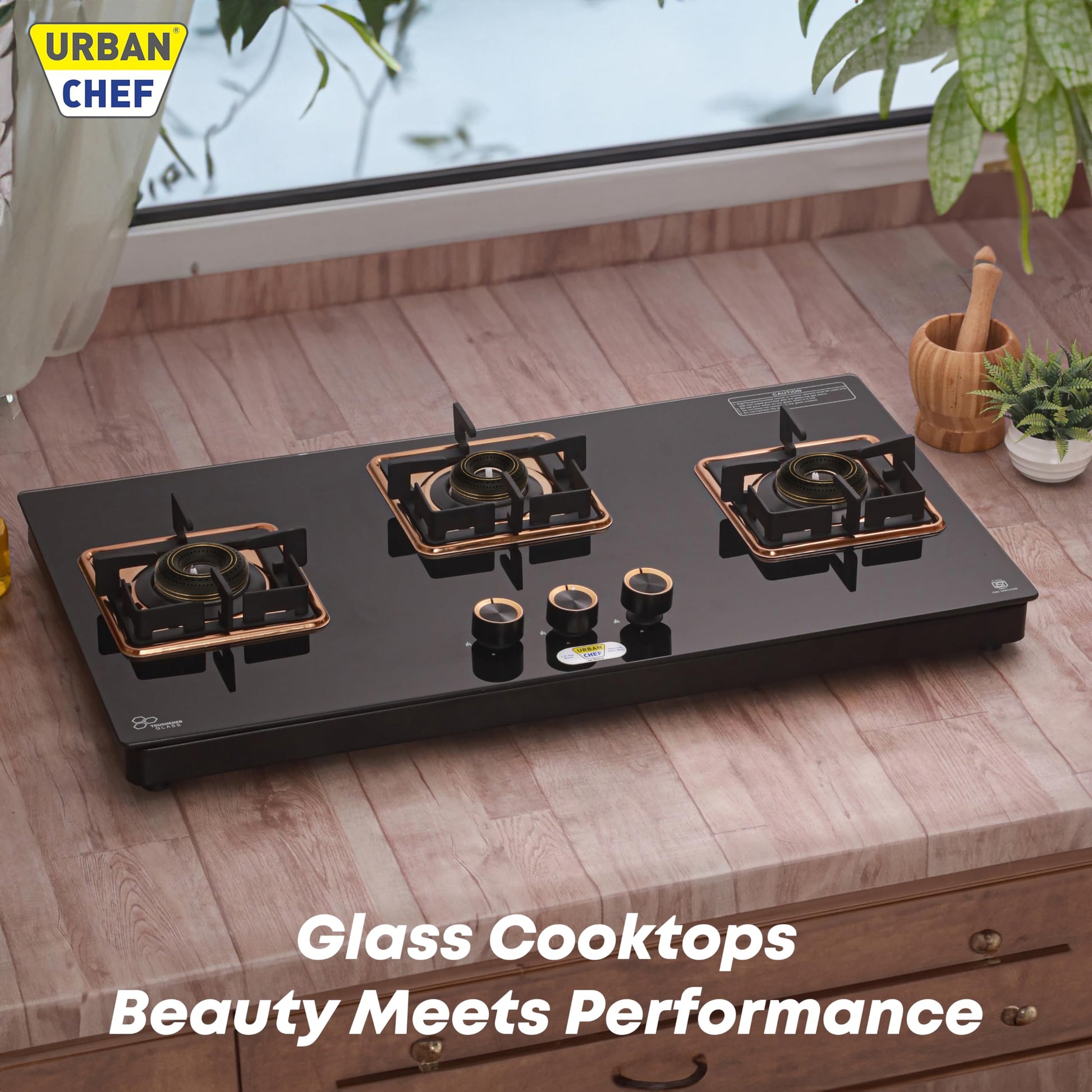 URBAN CHEF 3 Burner Gas Stove Glass Top Auto Ignition | 2 Year Warranty, ISI Certified | Stove 3 Burner, Gas Stove 3 Burners, Hob Top, Easy Grip Knobs, 7mm Thick Toughened Glass (Hob Top - Rose Gold) 
