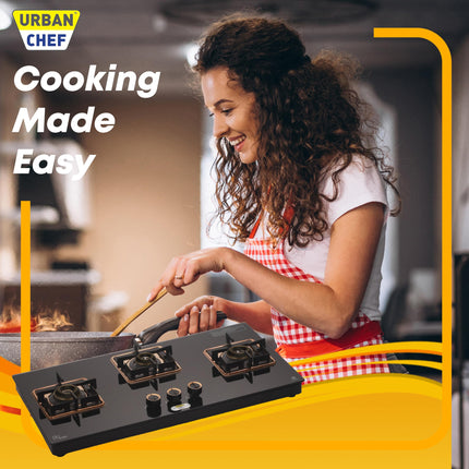 URBAN CHEF 3 Burner Gas Stove Glass Top Auto Ignition | 2 Year Warranty, ISI Certified | Stove 3 Burner, Gas Stove 3 Burners, Hob Top, Easy Grip Knobs, 7mm Thick Toughened Glass (Hob Top - Rose Gold) 