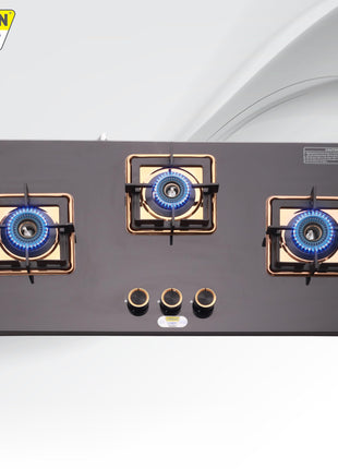 URBAN CHEF 3 Burner Gas Stove Glass Top Auto Ignition | 2 Year Warranty, ISI Certified | Stove 3 Burner, Gas Stove 3 Burners, Hob Top, Easy Grip Knobs, 7mm Thick Toughened Glass (Hob Top - Rose Gold) 