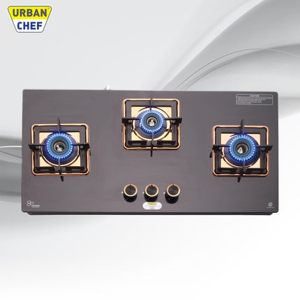 URBAN CHEF 3 Burner Gas Stove Glass Top Auto Ignition | 2 Year Warranty, ISI Certified | Stove 3 Burner, Gas Stove 3 Burners, Hob Top, Easy Grip Knobs, 7mm Thick Toughened Glass (Hob Top - Rose Gold) 