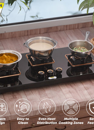 URBAN CHEF 3 Burner Gas Stove Glass Top Auto Ignition | 2 Year Warranty, ISI Certified | Stove 3 Burner, Gas Stove 3 Burners, Hob Top, Easy Grip Knobs, 7mm Thick Toughened Glass (Hob Top - Rose Gold) 