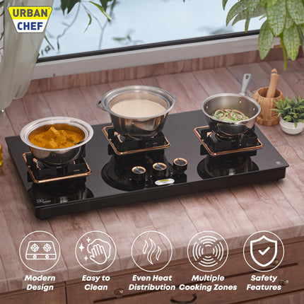 URBAN CHEF 3 Burner Gas Stove Glass Top Auto Ignition | 2 Year Warranty, ISI Certified | Stove 3 Burner, Gas Stove 3 Burners, Hob Top, Easy Grip Knobs, 7mm Thick Toughened Glass (Hob Top - Rose Gold) 