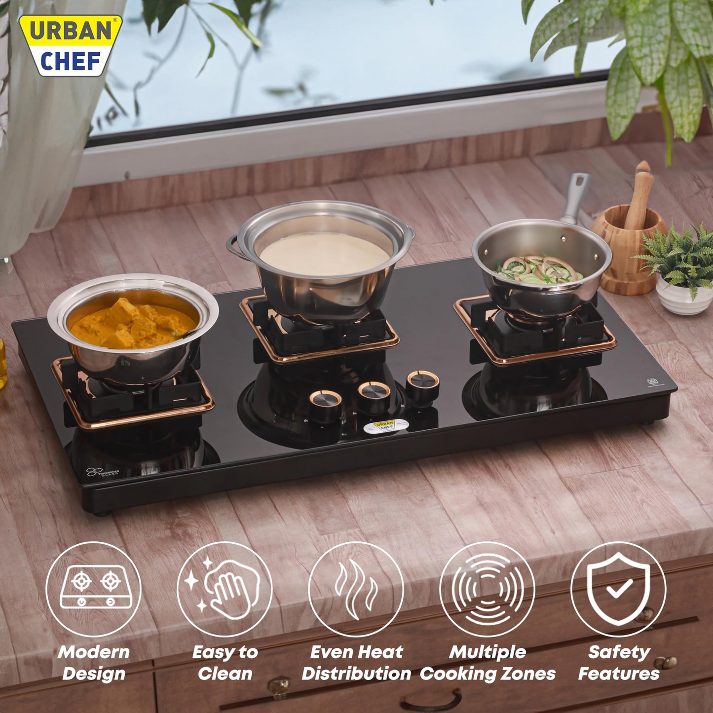 URBAN CHEF 3 Burner Gas Stove Glass Top Auto Ignition | 2 Year Warranty, ISI Certified | Stove 3 Burner, Gas Stove 3 Burners, Hob Top, Easy Grip Knobs, 7mm Thick Toughened Glass (Hob Top - Rose Gold) 