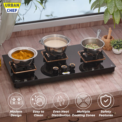 URBAN CHEF 3 Burner Gas Stove Glass Top Auto Ignition | 2 Year Warranty, ISI Certified | Stove 3 Burner, Gas Stove 3 Burners, Hob Top, Easy Grip Knobs, 7mm Thick Toughened Glass (Hob Top - Rose Gold) 