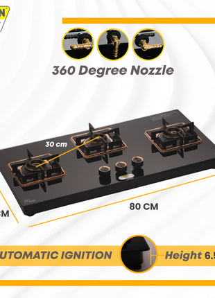 URBAN CHEF 3 Burner Gas Stove Glass Top Auto Ignition | 2 Year Warranty, ISI Certified | Stove 3 Burner, Gas Stove 3 Burners, Hob Top, Easy Grip Knobs, 7mm Thick Toughened Glass (Hob Top - Rose Gold) 