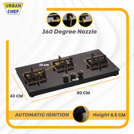 URBAN CHEF 3 Burner Gas Stove Glass Top Auto Ignition | 2 Year Warranty, ISI Certified | Stove 3 Burner, Gas Stove 3 Burners, Hob Top, Easy Grip Knobs, 7mm Thick Toughened Glass (Hob Top - Rose Gold) 