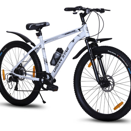 URBANSTAR Delta | 7 Speed | Dual DISC | Front Suspension | SEMI Fitted | for 13+ & Adults| 26 T Mountain Cycle-Multi Speed (7 Gear, White, Only Front Suspension) 