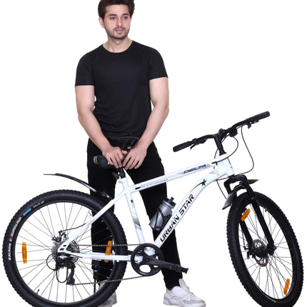 URBANSTAR Delta | 7 Speed | Dual DISC | Front Suspension | SEMI Fitted | for 13+ & Adults| 26 T Mountain Cycle-Multi Speed (7 Gear, White, Only Front Suspension) 