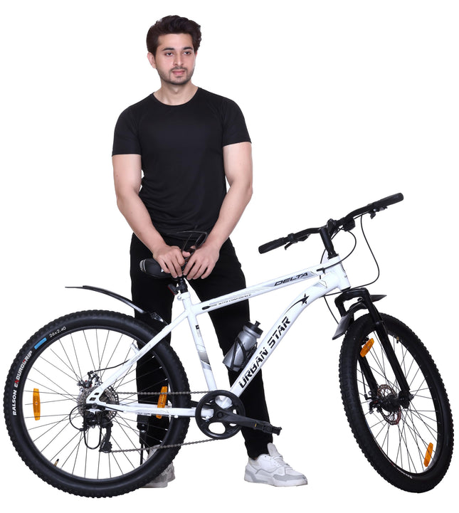 URBANSTAR Delta | 7 Speed | Dual DISC | Front Suspension | SEMI Fitted | for 13+ & Adults| 26 T Mountain Cycle-Multi Speed (7 Gear, White, Only Front Suspension) 