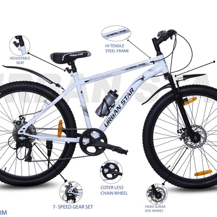 URBANSTAR Delta | 7 Speed | Dual DISC | Front Suspension | SEMI Fitted | for 13+ & Adults| 26 T Mountain Cycle-Multi Speed (7 Gear, White, Only Front Suspension) 