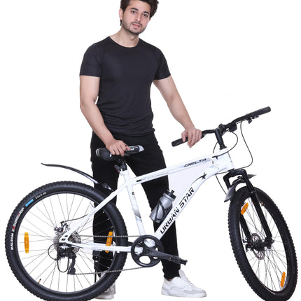 URBANSTAR Delta | 7 Speed | Dual DISC | Front Suspension | SEMI Fitted | for 13+ & Adults| 26 T Mountain Cycle-Multi Speed (7 Gear, White, Only Front Suspension) 