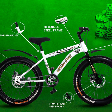 URBANSTAR Hulk | 20T BMX | Double DISC | Fat Tyres Semi Assembled | 20 T Fat Tyre Cycle (Single Speed, White) 