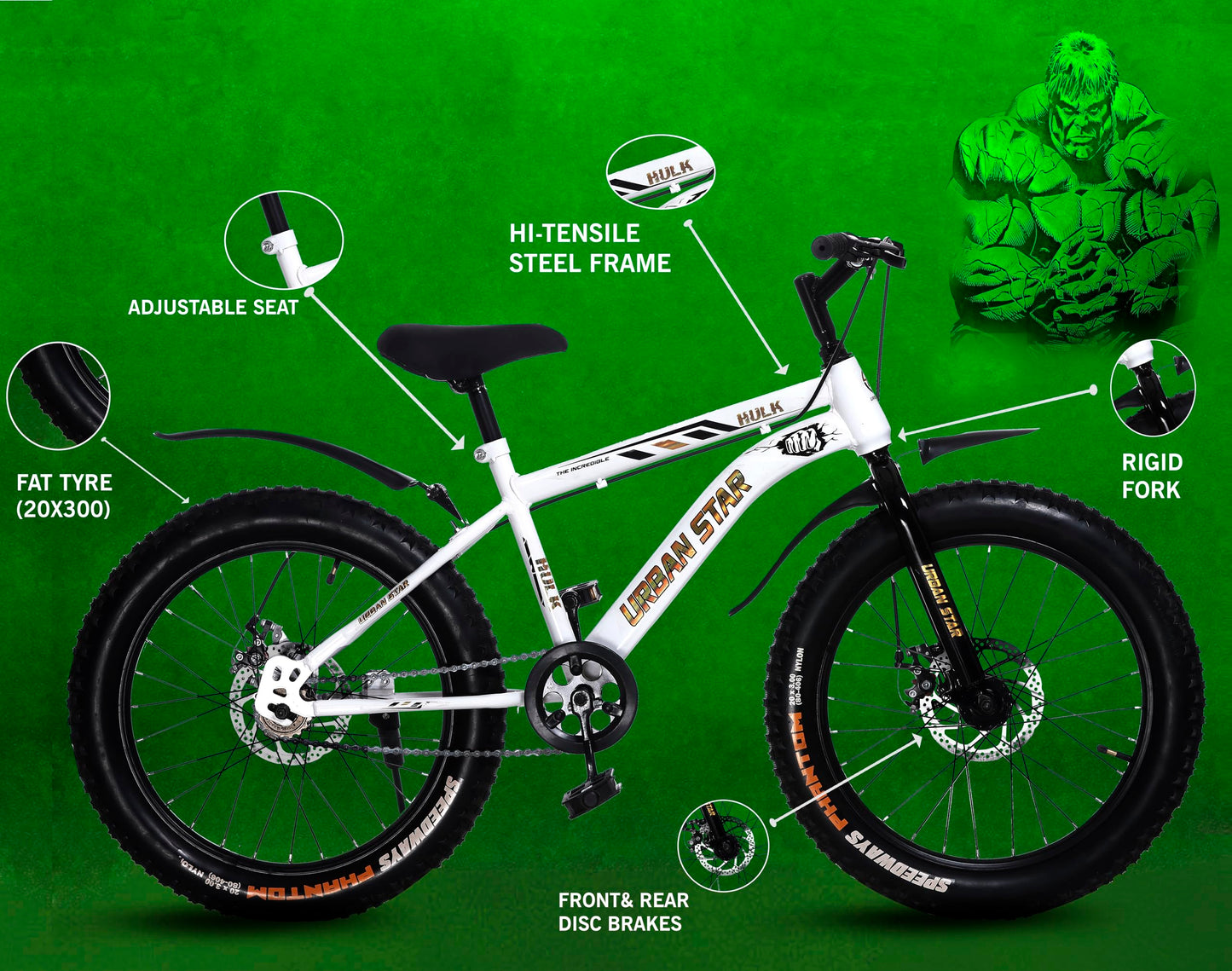 URBANSTAR Hulk | 20T BMX | Double DISC | Fat Tyres Semi Assembled | 20 T Fat Tyre Cycle (Single Speed, White) 