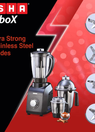 USHA 1200W TurboX Mixer Grinder | Faster and finer grinding | 100% Copper motor for long life, durability | 4 Stainless Steel Jars With Fruit Filter | 24000 rpm | 90 minutes continuous run time 