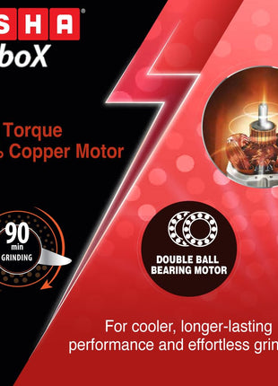 USHA 1200W TurboX Mixer Grinder | Faster and finer grinding | 100% Copper motor for long life, durability | 4 Stainless Steel Jars With Fruit Filter | 24000 rpm | 90 minutes continuous run time 