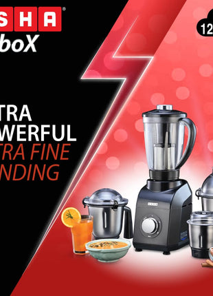 USHA 1200W TurboX Mixer Grinder | Faster and finer grinding | 100% Copper motor for long life, durability | 4 Stainless Steel Jars With Fruit Filter | 24000 rpm | 90 minutes continuous run time 