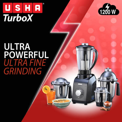 USHA 1200W TurboX Mixer Grinder | Faster and finer grinding | 100% Copper motor for long life, durability | 4 Stainless Steel Jars With Fruit Filter | 24000 rpm | 90 minutes continuous run time 
