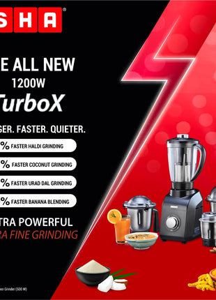 USHA 1200W TurboX Mixer Grinder | Faster and finer grinding | 100% Copper motor for long life, durability | 4 Stainless Steel Jars With Fruit Filter | 24000 rpm | 90 minutes continuous run time 