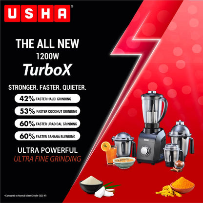 USHA 1200W TurboX Mixer Grinder | Faster and finer grinding | 100% Copper motor for long life, durability | 4 Stainless Steel Jars With Fruit Filter | 24000 rpm | 90 minutes continuous run time 