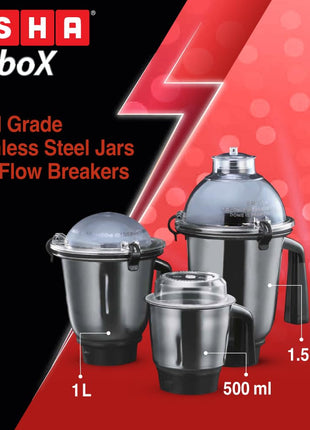 USHA 1200W TurboX Mixer Grinder | Faster and finer grinding | 100% Copper motor for long life, durability | 4 Stainless Steel Jars With Fruit Filter | 24000 rpm | 90 minutes continuous run time 