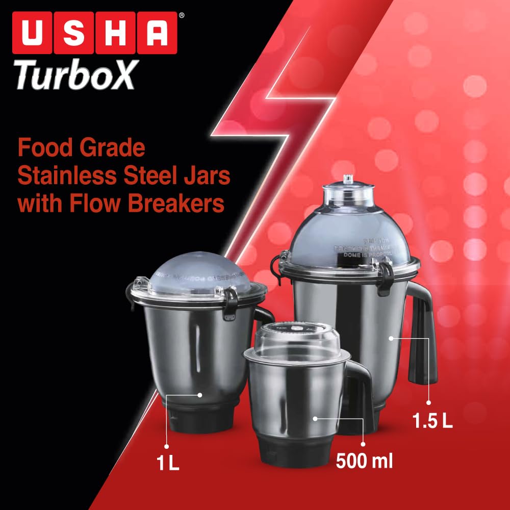 USHA 1200W TurboX Mixer Grinder | Faster and finer grinding | 100% Copper motor for long life, durability | 4 Stainless Steel Jars With Fruit Filter | 24000 rpm | 90 minutes continuous run time 