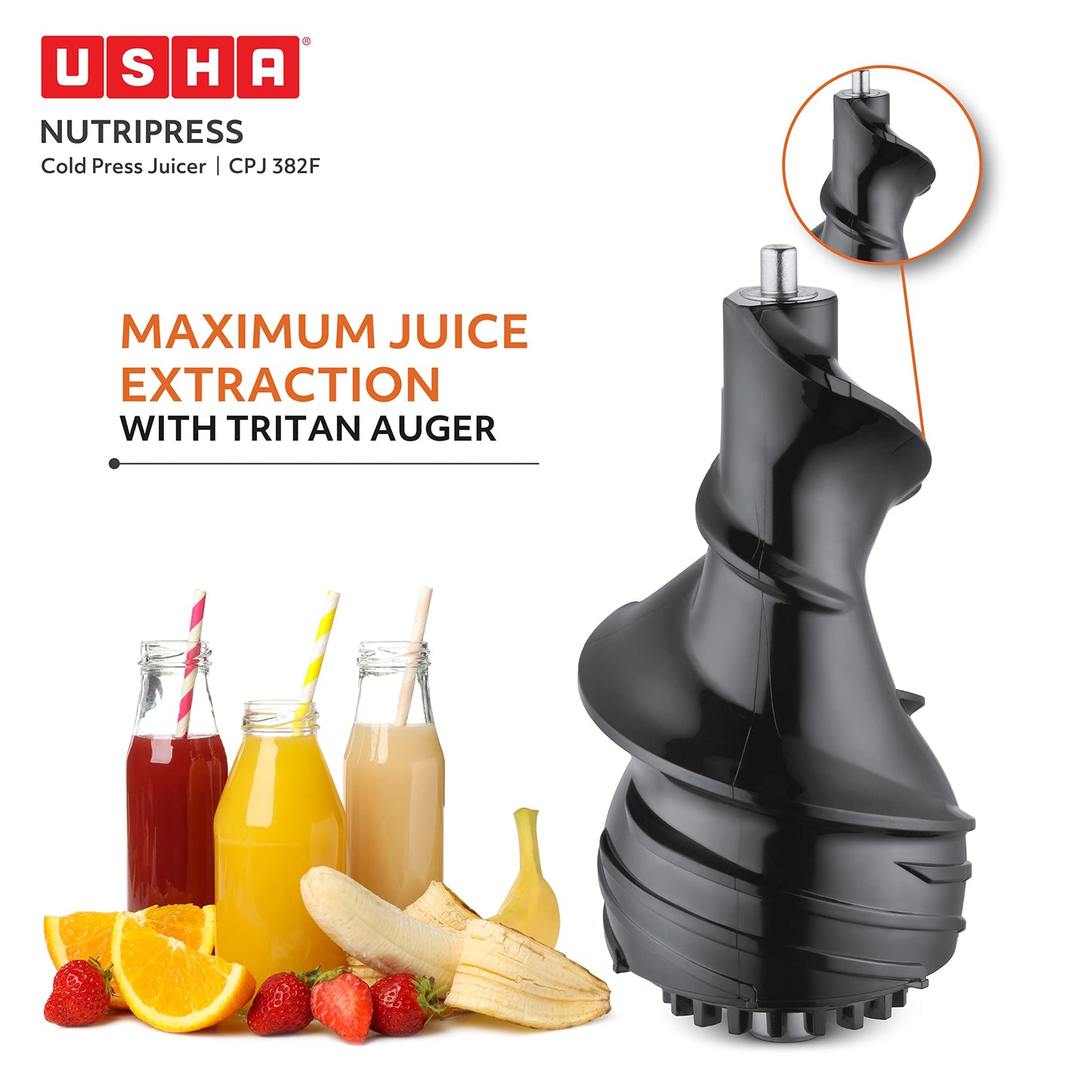 USHA Cpj 382F Nutripress Cold Press Juicer with Full Mouth Feeding Tube, 200 Watts (Black & White), 200 Watt 