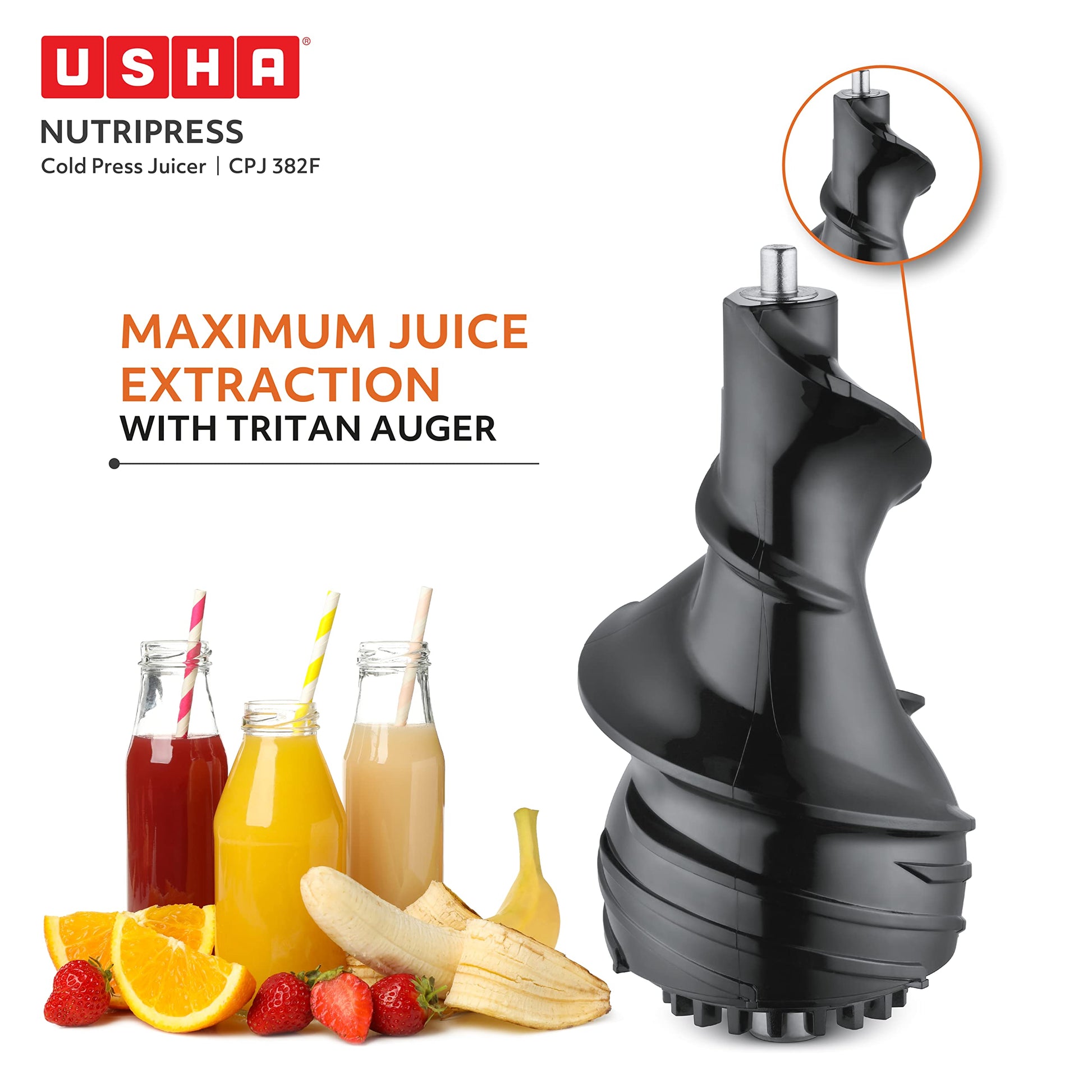 USHA Cpj 382F Nutripress Cold Press Juicer with Full Mouth Feeding Tube, 200 Watts (Black & White), 200 Watt 