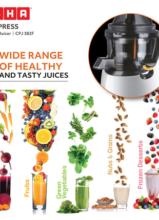 USHA Cpj 382F Nutripress Cold Press Juicer with Full Mouth Feeding Tube, 200 Watts (Black & White), 200 Watt 