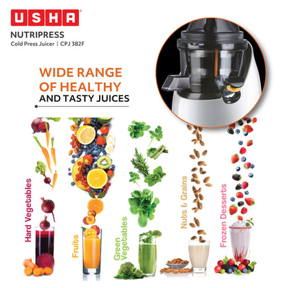 USHA Cpj 382F Nutripress Cold Press Juicer with Full Mouth Feeding Tube, 200 Watts (Black & White), 200 Watt 