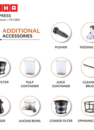 USHA Cpj 382F Nutripress Cold Press Juicer with Full Mouth Feeding Tube, 200 Watts (Black & White), 200 Watt 