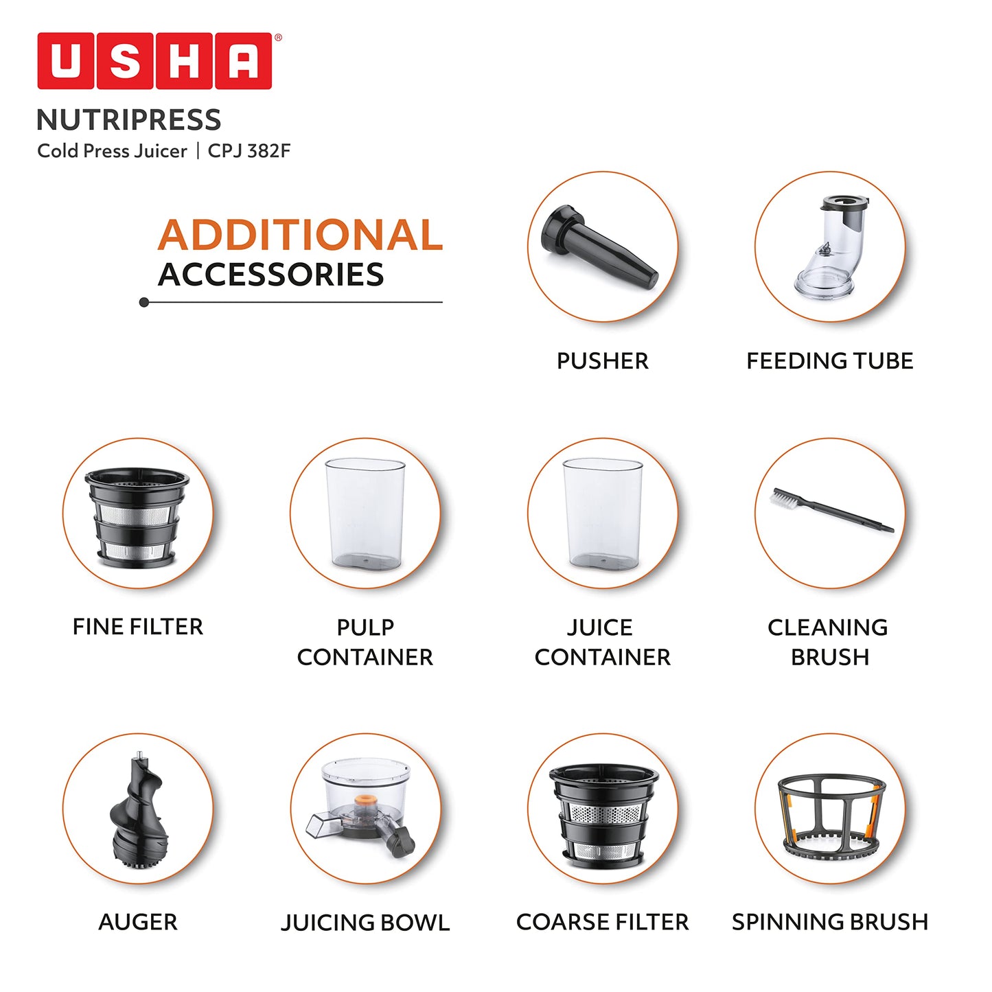 USHA Cpj 382F Nutripress Cold Press Juicer with Full Mouth Feeding Tube, 200 Watts (Black & White), 200 Watt 