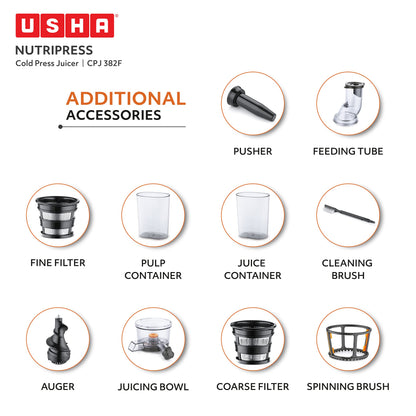 USHA Cpj 382F Nutripress Cold Press Juicer with Full Mouth Feeding Tube, 200 Watts (Black & White), 200 Watt 